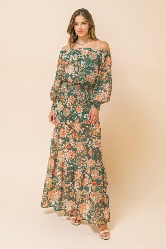 Women's Peacock Paisley womens woven maxi dress off the shoulder - Esme and Elodie