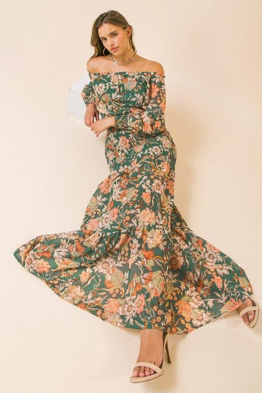 Women's Peacock Paisley womens woven maxi dress off the shoulder - Esme and Elodie