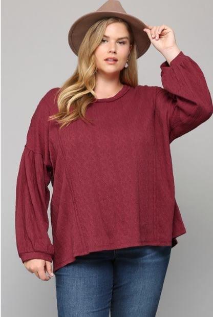 Plus Women's Pinot- textured knit loose top with raw edge - Esme and Elodie