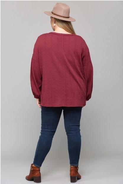 Plus Women's Pinot- textured knit loose top with raw edge - Esme and Elodie