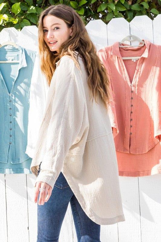 pintuck longsleeve button up in double gauze - Esme and Elodie