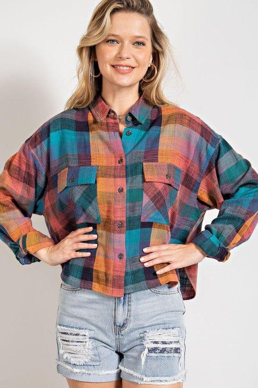 Plaid button down in rose blue by Easel - Esme and Elodie