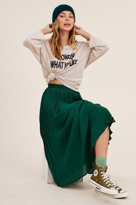 Pleated Midi Skirt in kelly green with elastic waist - Esme and Elodie