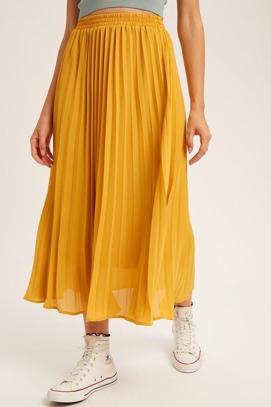Pleated Midi Skirt in mustard with elastic waist - Esme and Elodie