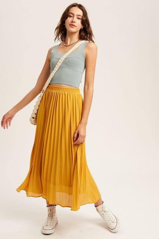 Pleated Midi Skirt in mustard with elastic waist - Esme and Elodie