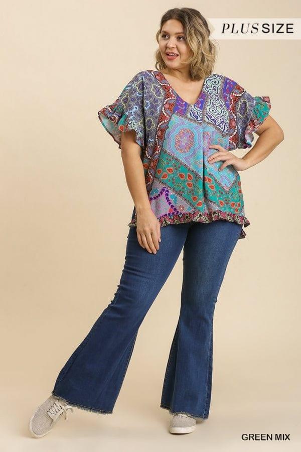 Plus size bohemian mixed print v-neck short sleeve top - Esme and Elodie