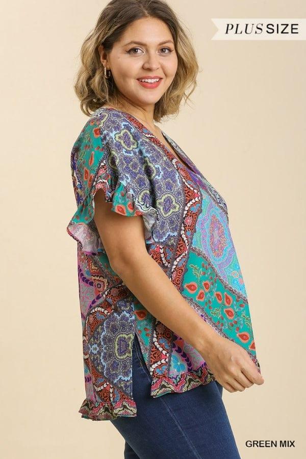 Plus size bohemian mixed print v-neck short sleeve top - Esme and Elodie