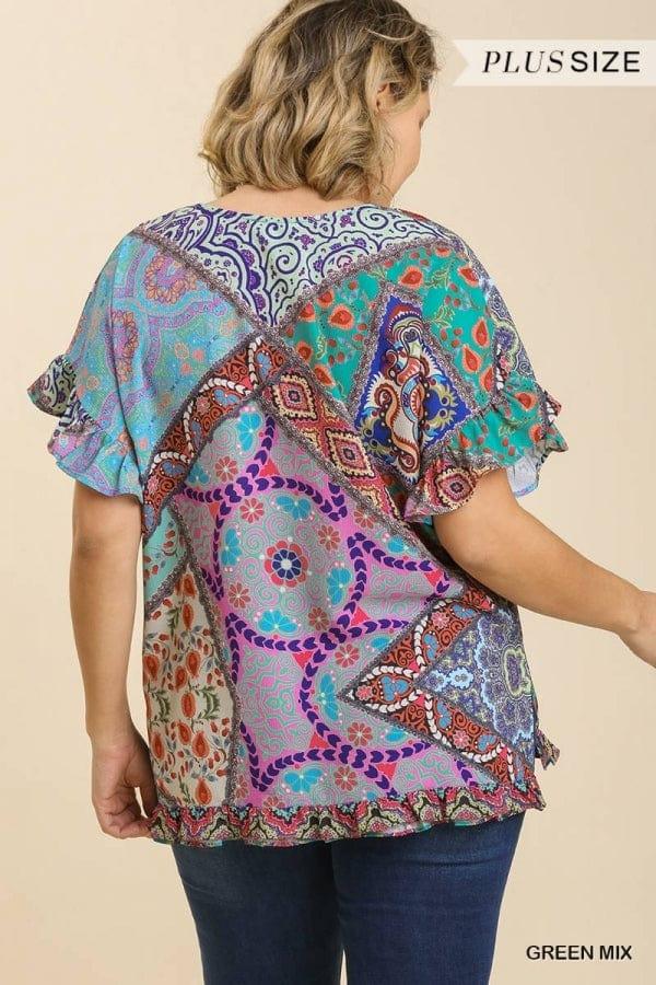 Plus size bohemian mixed print v-neck short sleeve top - Esme and Elodie