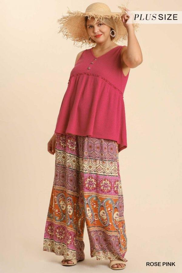 Plus Size Button front waffle knit tank in Rose Pink - Esme and Elodie