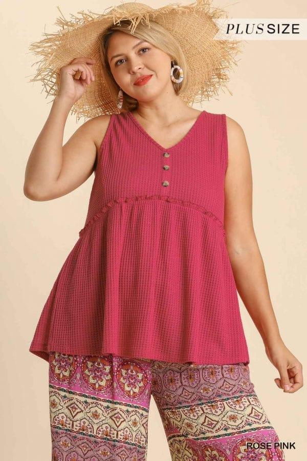 Plus Size Button front waffle knit tank in Rose Pink - Esme and Elodie