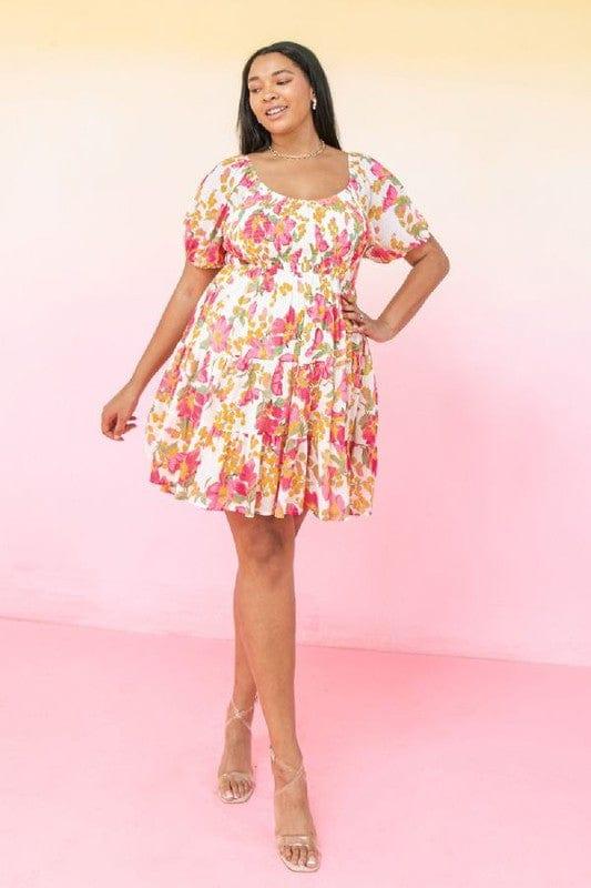Plus size floral mini dress with vneck smocked bodice and peasant sleeve - Esme and Elodie