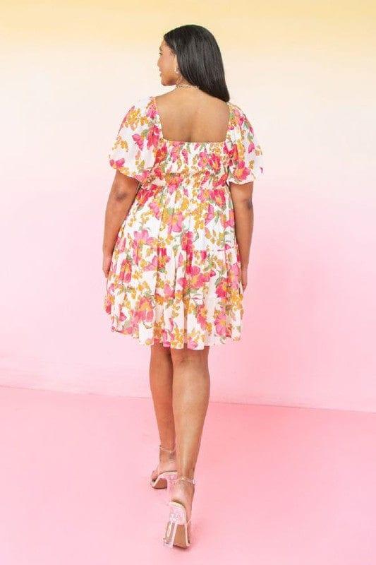 Plus size floral mini dress with vneck smocked bodice and peasant sleeve - Esme and Elodie