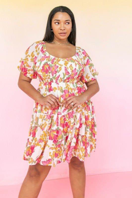 Plus size floral mini dress with vneck smocked bodice and peasant sleeve - Esme and Elodie