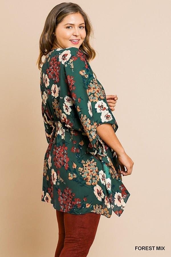 Plus size floral print bell sleeve open front kimono in forest - Esme and Elodie