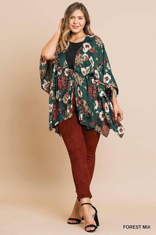 Plus size floral print bell sleeve open front kimono in forest - Esme and Elodie