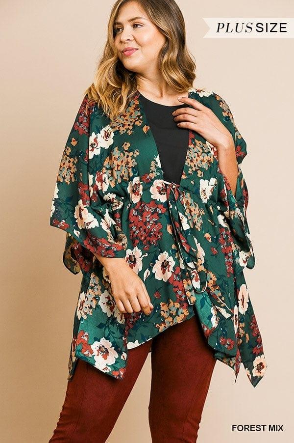 Plus size floral print bell sleeve open front kimono in forest - Esme and Elodie
