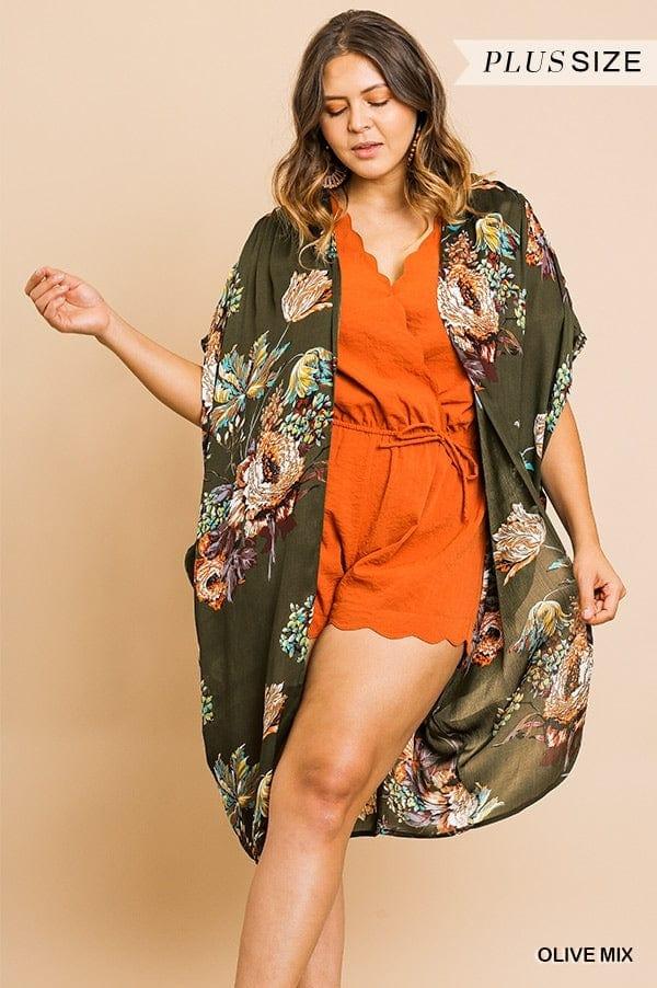 Plus Size Floral Print Open kimono in olive - Esme and Elodie