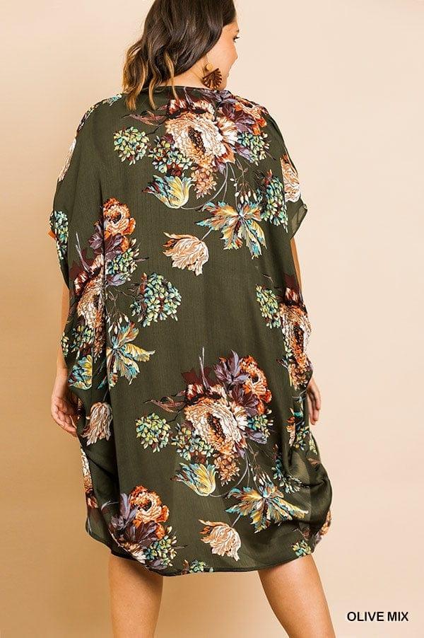 Plus Size Floral Print Open kimono in olive - Esme and Elodie