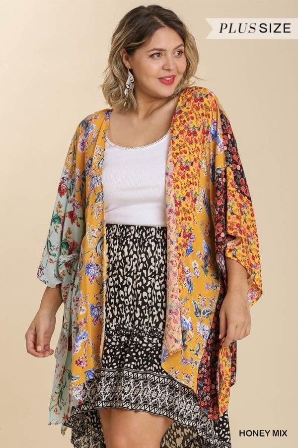 Plus size Mixed Floral Print Open Front Short Sleeve Kimono in honey - Esme and Elodie