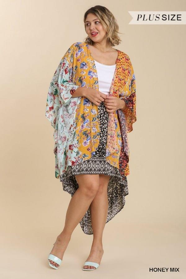 Plus size Mixed Floral Print Open Front Short Sleeve Kimono in honey - Esme and Elodie