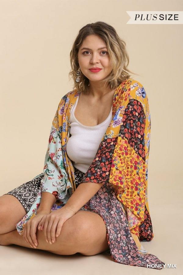 Plus size Mixed Floral Print Open Front Short Sleeve Kimono in honey - Esme and Elodie