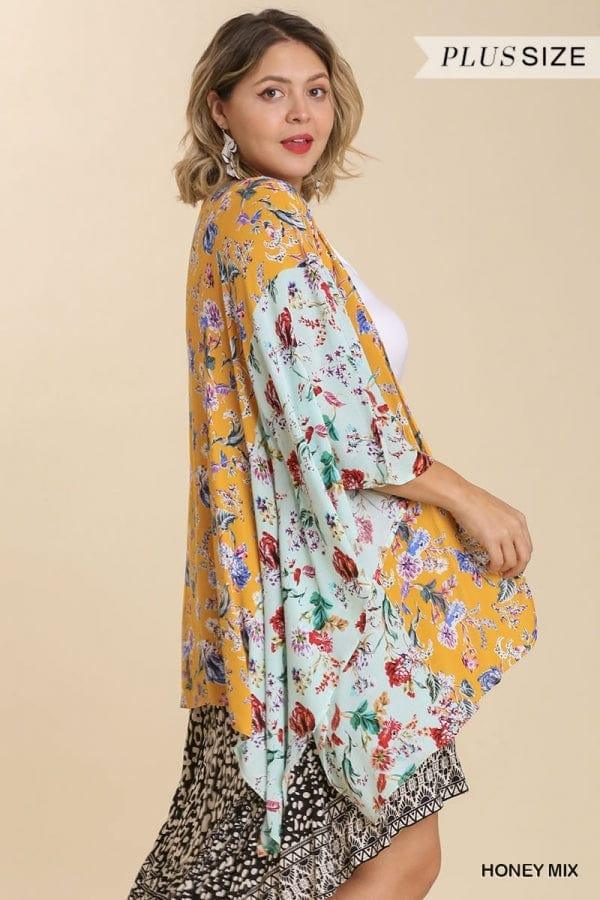 Plus size Mixed Floral Print Open Front Short Sleeve Kimono in honey - Esme and Elodie