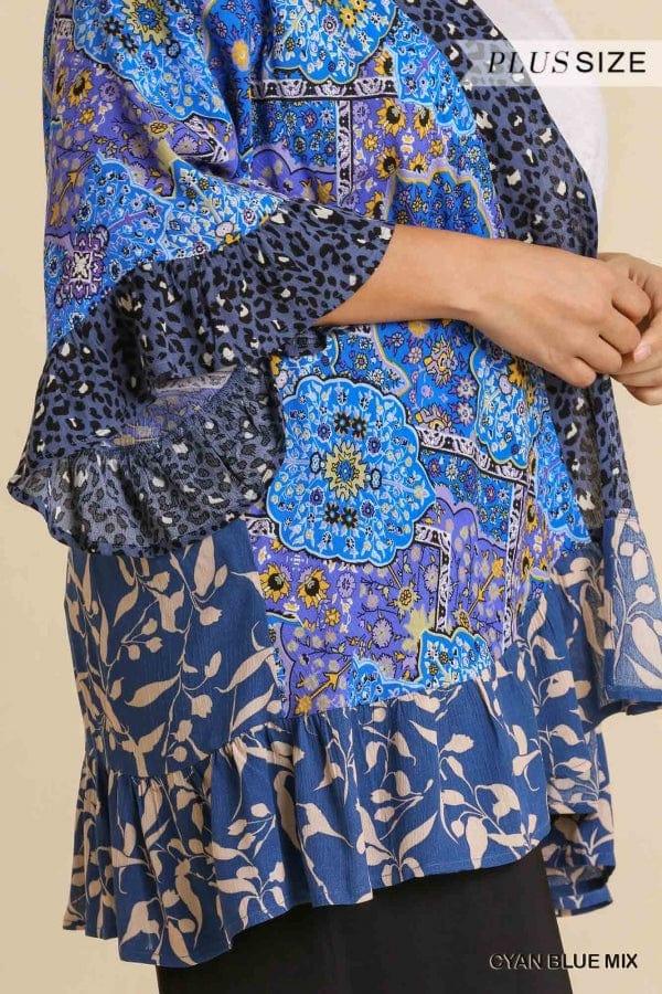 Plus Size mixed print kimono with ruffle hem - Esme and Elodie