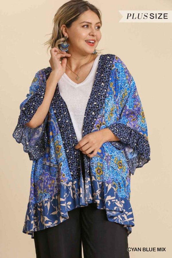 Plus Size mixed print kimono with ruffle hem - Esme and Elodie