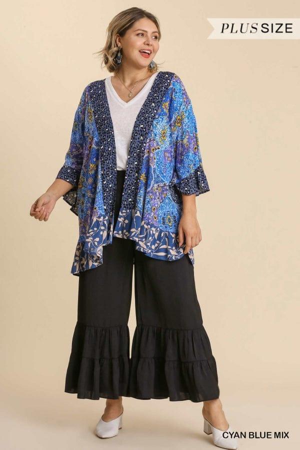 Plus Size mixed print kimono with ruffle hem - Esme and Elodie
