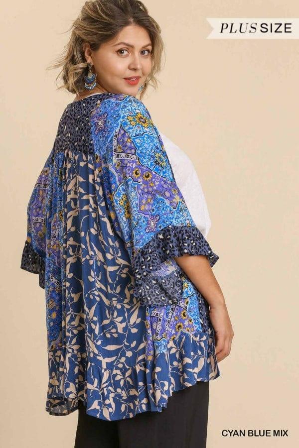 Plus Size mixed print kimono with ruffle hem - Esme and Elodie