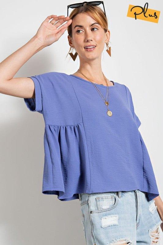 Plus Women's size semi-peplum top in blue lilac - Esme and Elodie