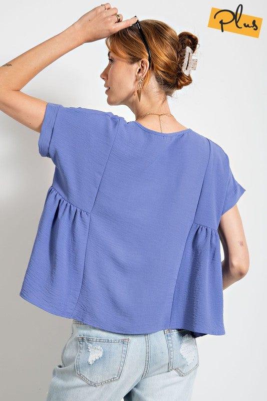 Plus Women's size semi-peplum top in blue lilac - Esme and Elodie