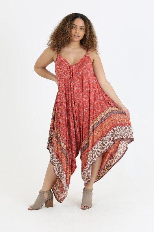 Plus size spaghetti strap bohemian romper jumpsuit in ruby - Esme and Elodie
