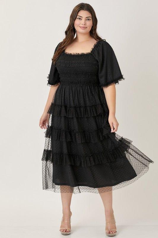 Plus Women's Swiss dot midi dress in black - Esme and Elodie