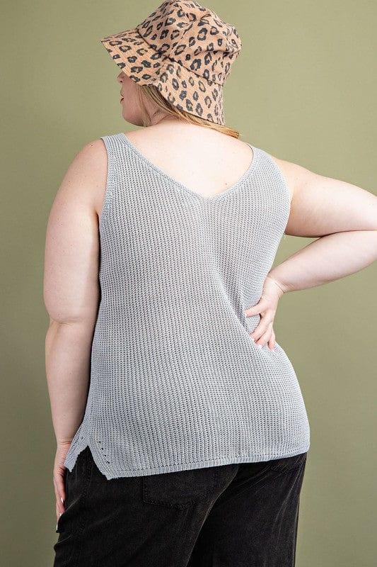Plus Size v-neck sweater tank top with small side slit on side - Esme and Elodie