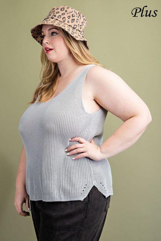 Plus Size v-neck sweater tank top with small side slit on side - Esme and Elodie