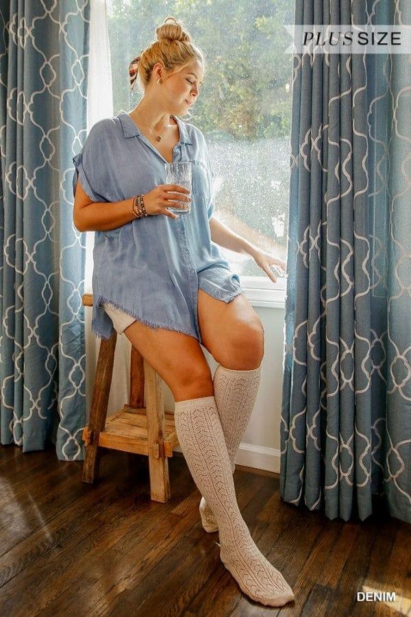 Plus Women's Size washed button up top frayed hem in hambray - Esme and Elodie