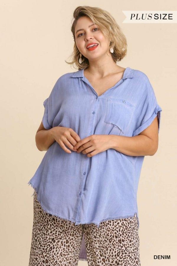 Plus Women's Size washed button up top frayed hem in hambray - Esme and Elodie
