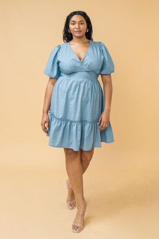 Prance- plus size cottage core chambray puff sleeve dress - Esme and Elodie