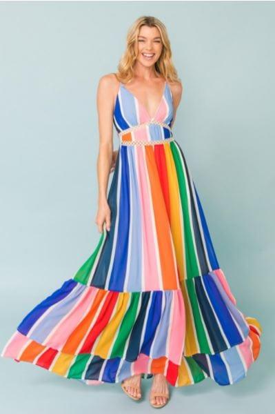 Rainbow Striped Maxi Dress in Women - Esme and Elodie
