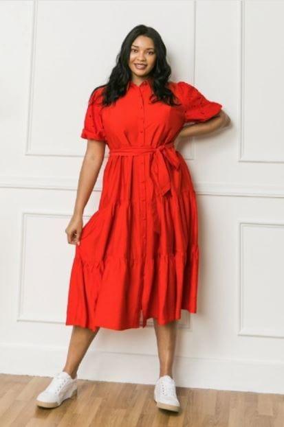 Red Hot Tamale- plus size women's shirt dress with lace sleeves - Esme and Elodie
