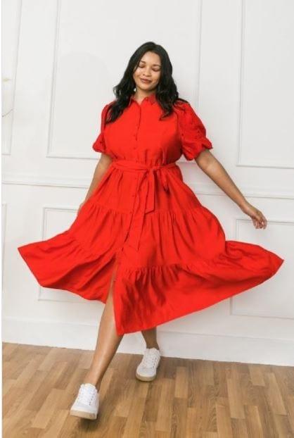Red Hot Tamale- plus size women's shirt dress with lace sleeves - Esme and Elodie