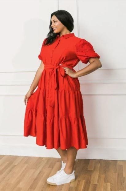 Red Hot Tamale- plus size women's shirt dress with lace sleeves - Esme and Elodie