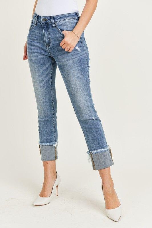 Women's Risen- mid rise hem cuffed straight leg jeans - Esme and Elodie