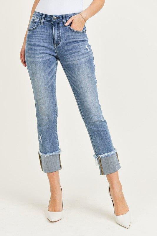 Women's Risen- mid rise hem cuffed straight leg jeans - Esme and Elodie