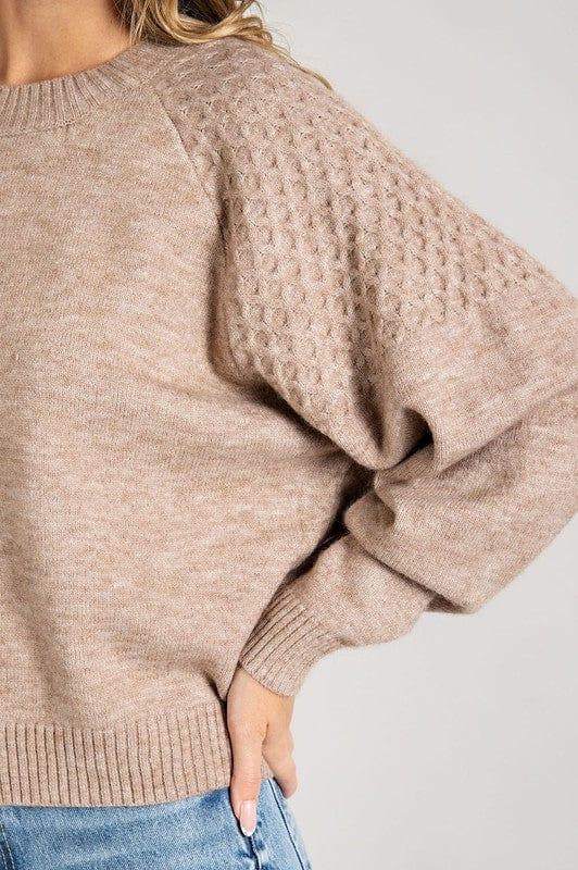 Round Neck Cable Knit Shoulder Sweater in Oatmeal - Esme and Elodie