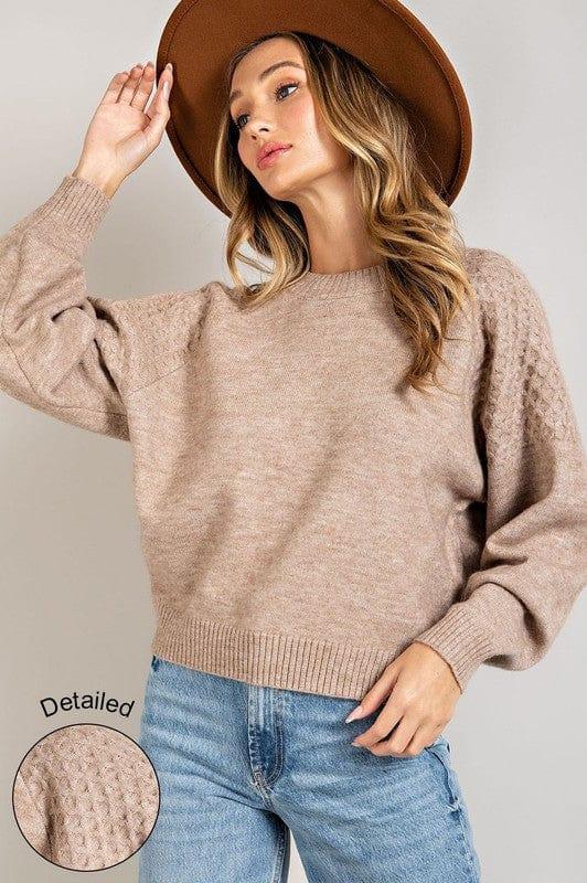 Round Neck Cable Knit Shoulder Sweater in Oatmeal - Esme and Elodie