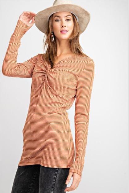 Rusty Wheel -womens white and rust striped twist front top - Esme and Elodie