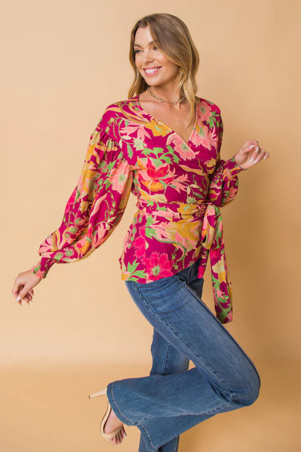 Women Flying Tomato fuschia faux wrap top with statement sleeves and ruched wrists