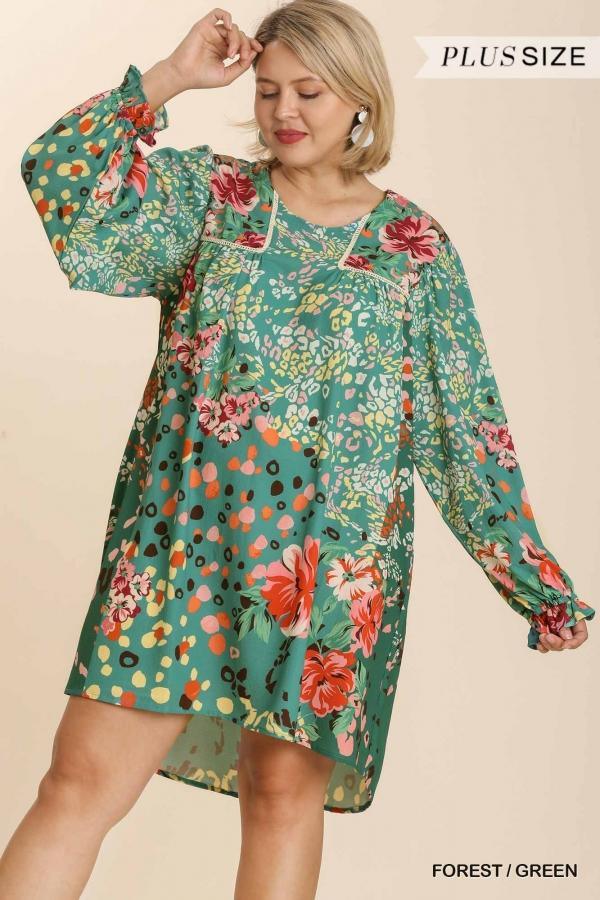 Lovely Sage- plus size mixed print crochet trim tunic dress - Esme and Elodie